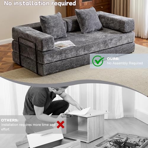 Convertible Floor Sofa Bed with Pillow Back and Armrest, Chenille, Dark Gray N4509