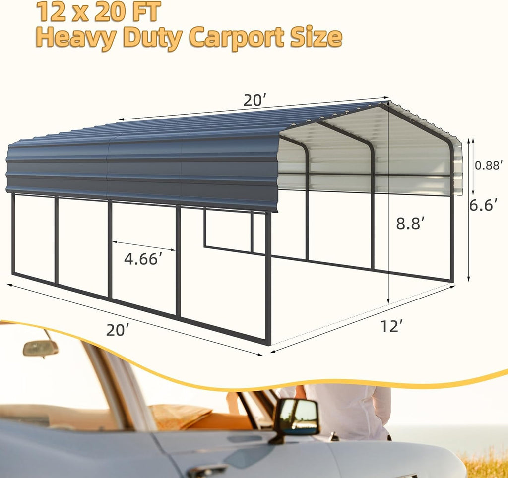 12'x20' Heavy Duty Metal Carport with Galvanized Steel Roof for 2 Car E840