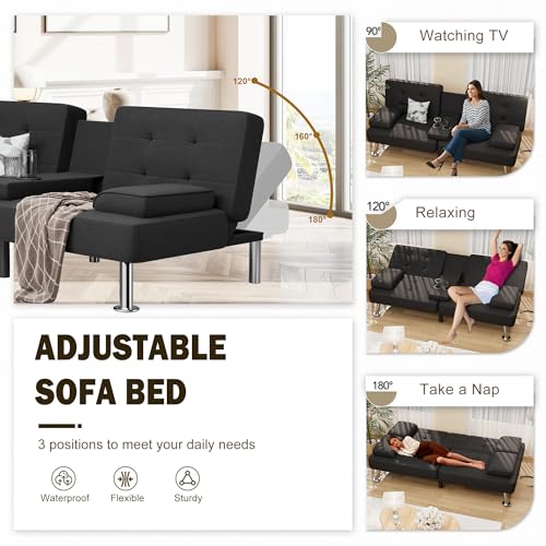 Shahoo Modern Linen Upholstered Convertible Futon Sofa Bed with Removable Armrests M32266