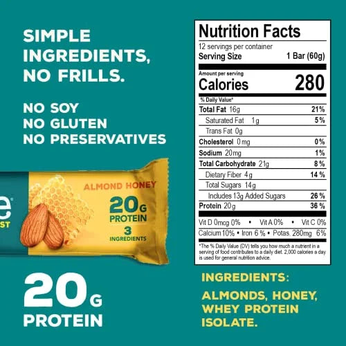 Rise Whey Protein Bars Almond Honey, 20g Protein, 12 Pack C7348