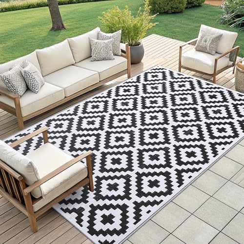 Smiry Waterproof Outdoor Rug 5x8 ft, Reversible Plastic Straw Patio Mat, Black & Beige P20186