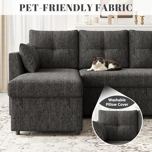 Oversized Sleeper Sofa Couch with Double Storage Chaise, Dark Grey U1381