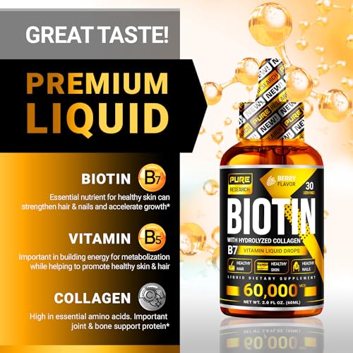 PURE RESEARCH Biotin & Collagen 60,000mcg Hair Growth Liquid Drops, 4 Fl Oz I1854
