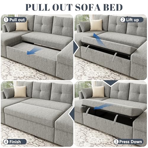 Oversized Sleeper Sofa Couch with Double Storage Chaise, Dark Grey U1381