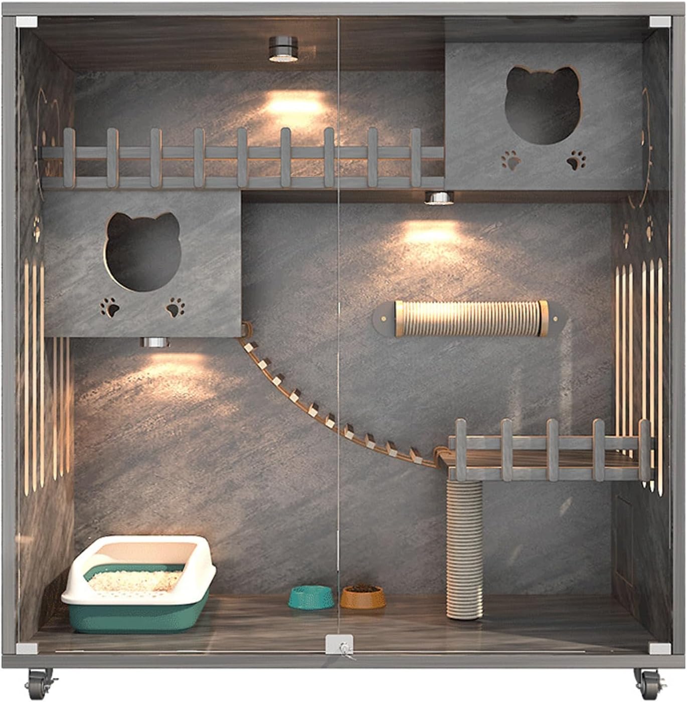 Large Cat Cage Indoor Catio Cat Enclosures, Wooden Cat Cage, Large Space with Scratching Post, Multi-Feature Cat Playpen for Indoor Cats Enclosed for Cats Ventilation Glass Doors
