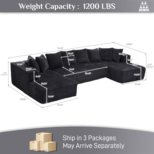131" Modular Sectional Sofa Cloud Couch, Corduroy Memory Foam Black O10952