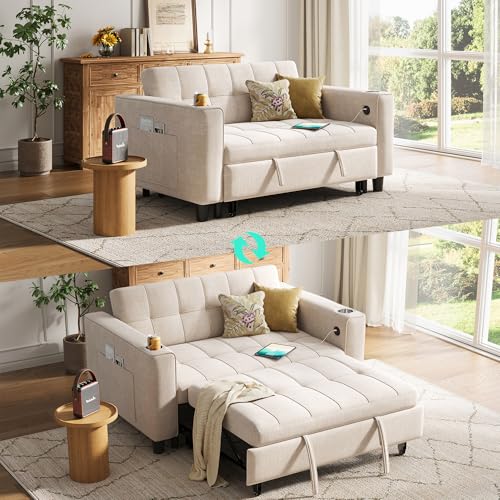 LINSY 3-in-1 Convertible Sofa Bed, 54" Pull Out Sleeper Sofa with Charging Station & Cup Holder, Small Folding Loveseat with Side Pocket for Small Space, Corduroy Couch, Green