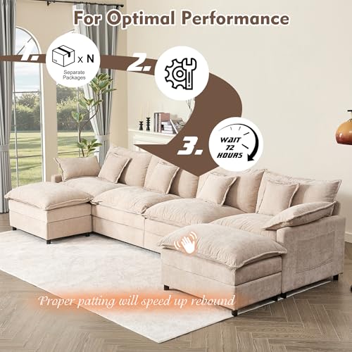 U Shaped Modular Sectional Sofa with Ottoman, Chenille, Black P2121