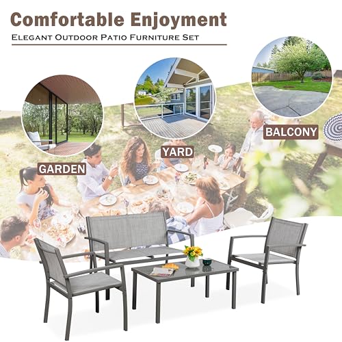 Vongrasig 4 Piece Patio Conversation Set with Glass Coffee Table, Black E428