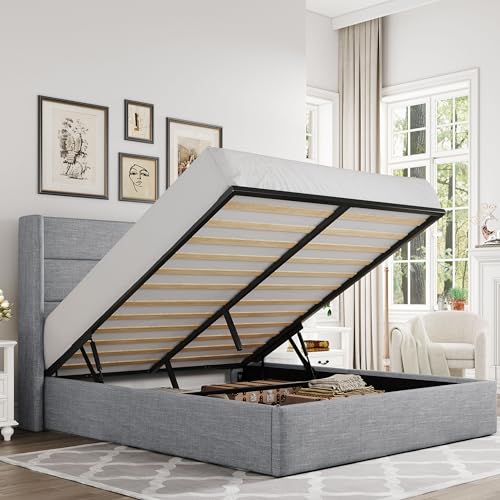 Allewie Full Size Lift Up Storage Bed with Wingback Headboard, Light Beige C85153