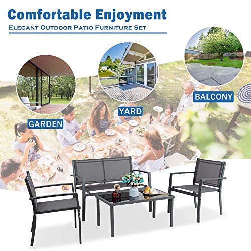 Vongrasig 4 Piece Patio Conversation Set with Glass Coffee Table, Black E428