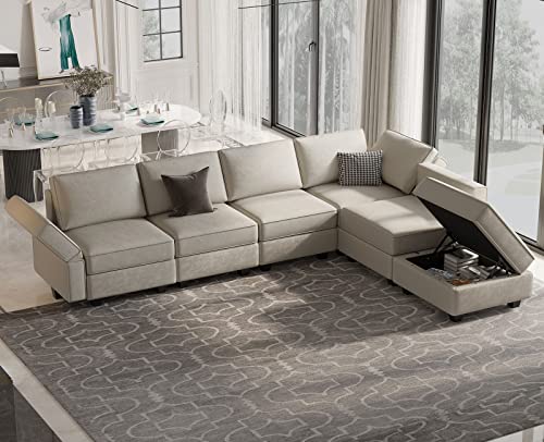 Belffin Modular Velvet Sectional Sofa with Chaise Lounge and Storage, Grey T418154