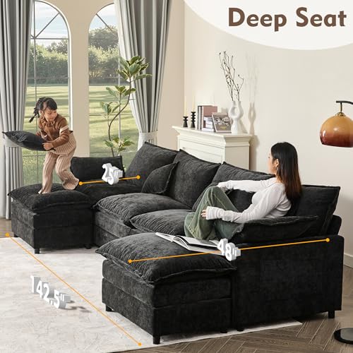 U Shaped Modular Sectional Sofa with Ottoman, Chenille, Black P2121