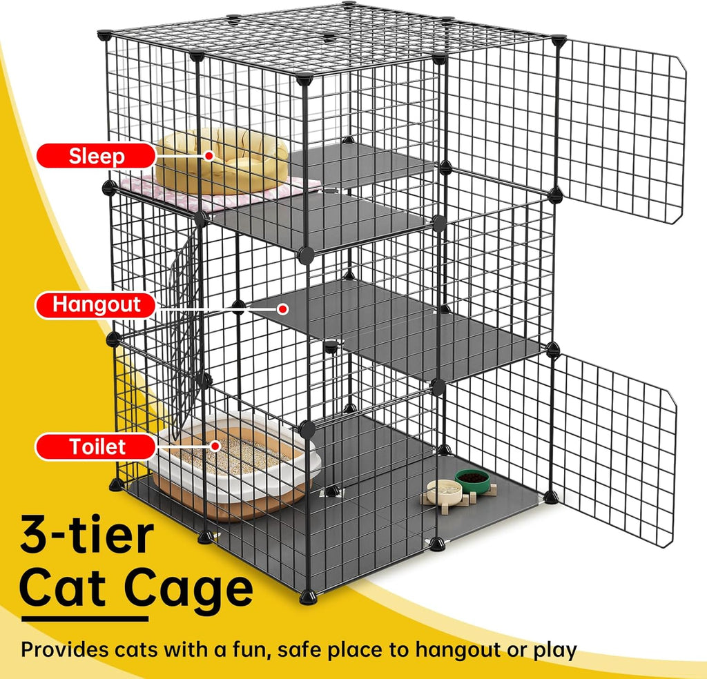 3-Tier Cat Cage Indoor Enclosure DIY Catio Detachable Metal Wire Kennel Black S82365