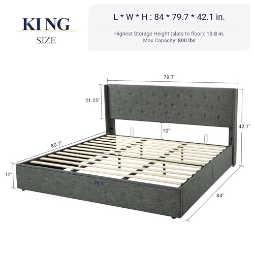 Allewie Full Size Lift Up Storage Bed with Wingback Headboard, Light Beige C85153