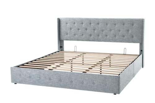 Allewie Full Size Lift Up Storage Bed with Wingback Headboard, Light Beige C85153