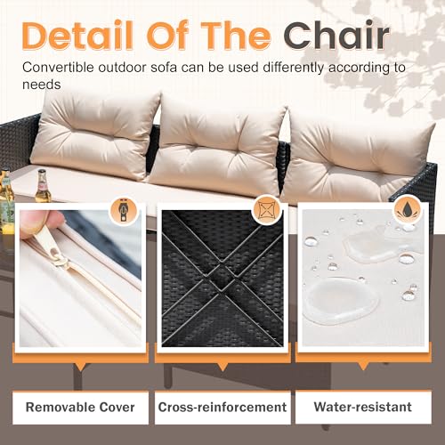 Devoko 3-Piece Rattan Outdoor Sectional Sofa with Cushion and Glass Table C42137
