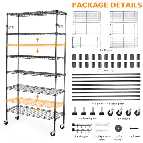 6 Tier Storage Shelves with Wheels, Heavy Duty Adjustable Metal Shelving Rack, Black T460