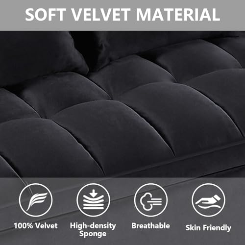 3 in 1 Convertible Sleeper Sofa Bed Futon with Adjustable Backrest, Velvet, Black Q74350