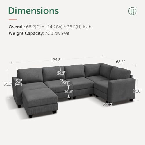 HONBAY Corduroy Modular Sectional Couch with Storage, Dark Gray A586576