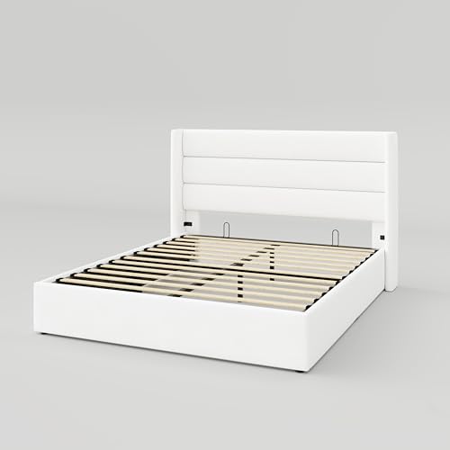 Allewie Full Size Lift Up Storage Bed with Wingback Headboard, Light Beige C85153