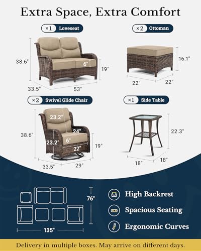 Luxury Patio Furniture Set 7PCS Wicker Conversation Set with Blue Cushions J5390