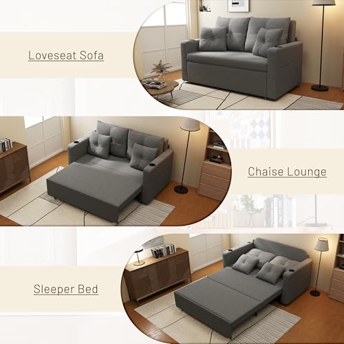 3 in 1 Pull Out Couch Convertible Sleeper Sofa Bed with Cup Holders, Grey U432