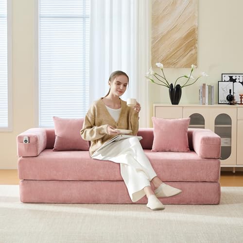 Corduroy Convertible Sleeper Sofa Bed with Pillow, Beige S401207