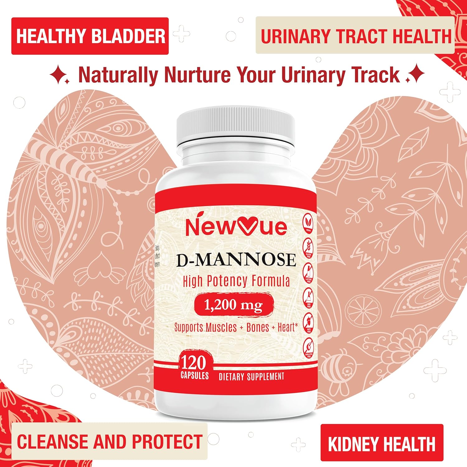 New Vue D-Mannose 1,200 mg Urinary Tract Health Supplement, 120 Veggie Capsules G87303
