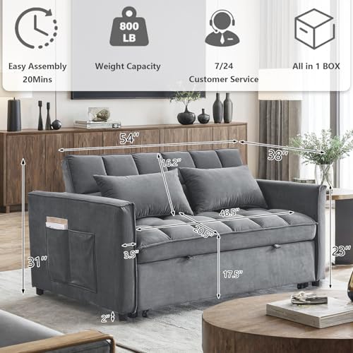 3 in 1 Convertible Sleeper Sofa Bed Futon with Adjustable Backrest, Velvet, Black Q74350