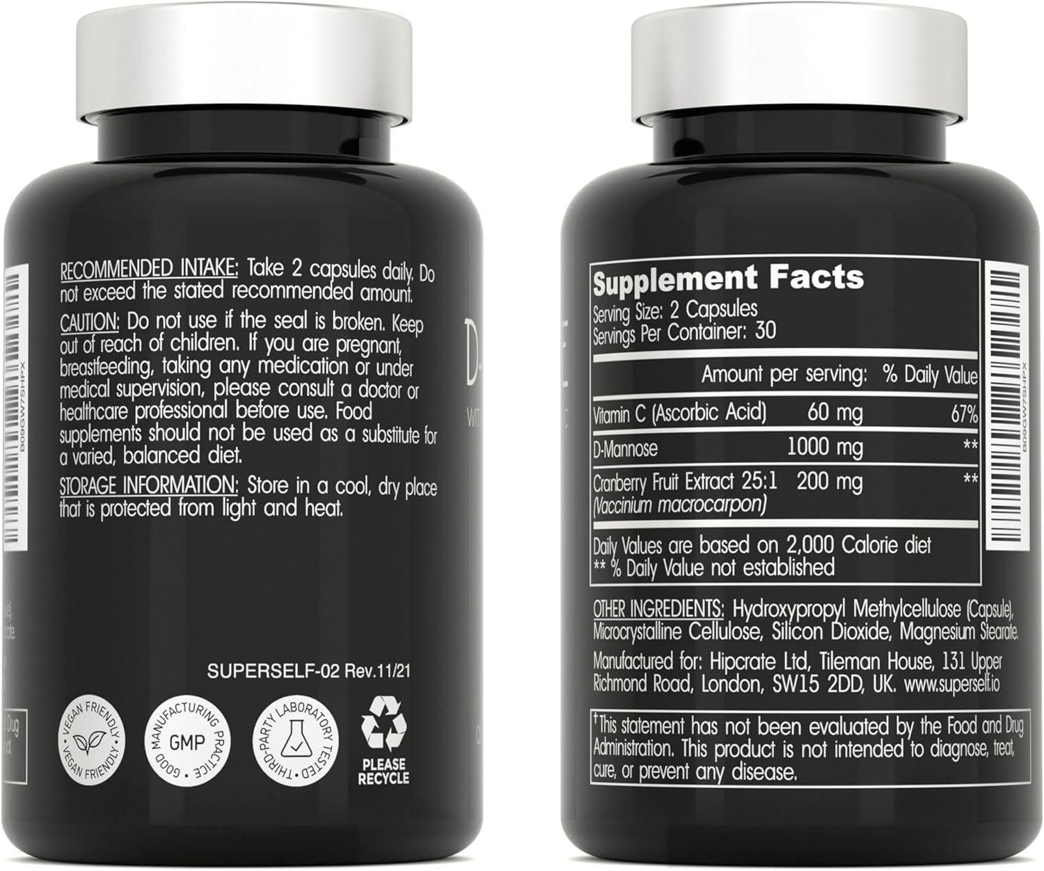 D-Mannose 1000mg Capsules with Cranberry Extract and Vitamin C, 60 Count F355
