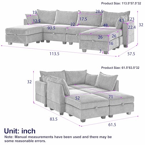 Oversized Modular Sectional Sofa with Movable Ottomans, U-Shaped Chenille J2923