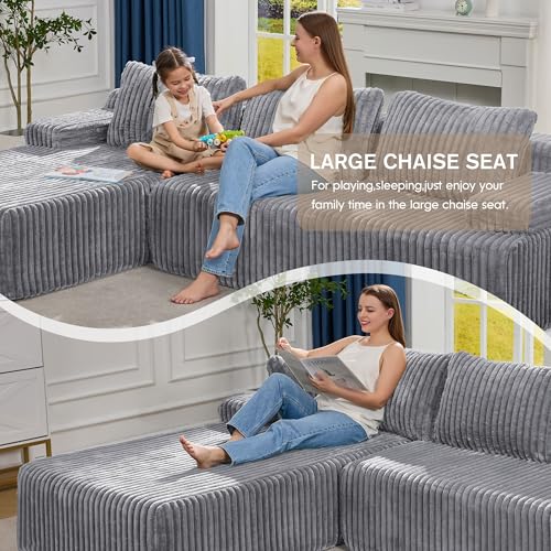 Modular Sectional Sofa L-Shape Couch with Oversized Chaise, Grey Stripe I49459