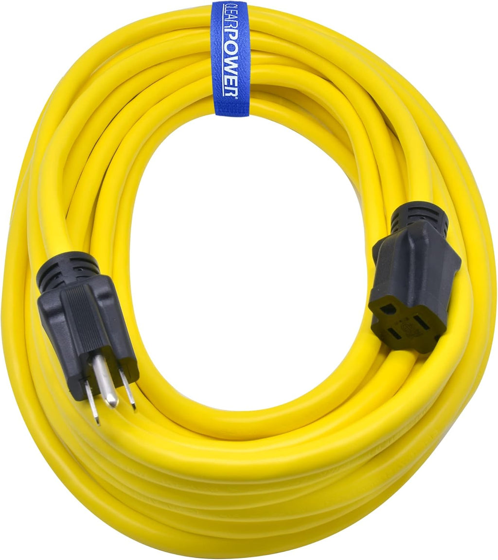 Clear Power 50 ft Heavy Duty Outdoor Extension Cord 12/3 SJTW, Water & Weather Resistant, Flame Retardant, Yellow, 3 Prong Grounded Plug, CP10145