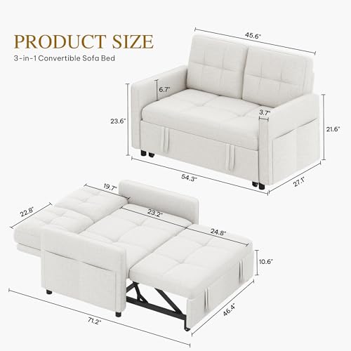 DWVO 55" Convertible Sofa Bed, 3-in-1 Sleeper Sofa with Pull-Out Bed, Linen Futon Couch W749781