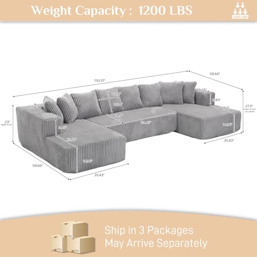 131" Modular Sectional Sofa Cloud Couch, Corduroy Memory Foam Black O10952