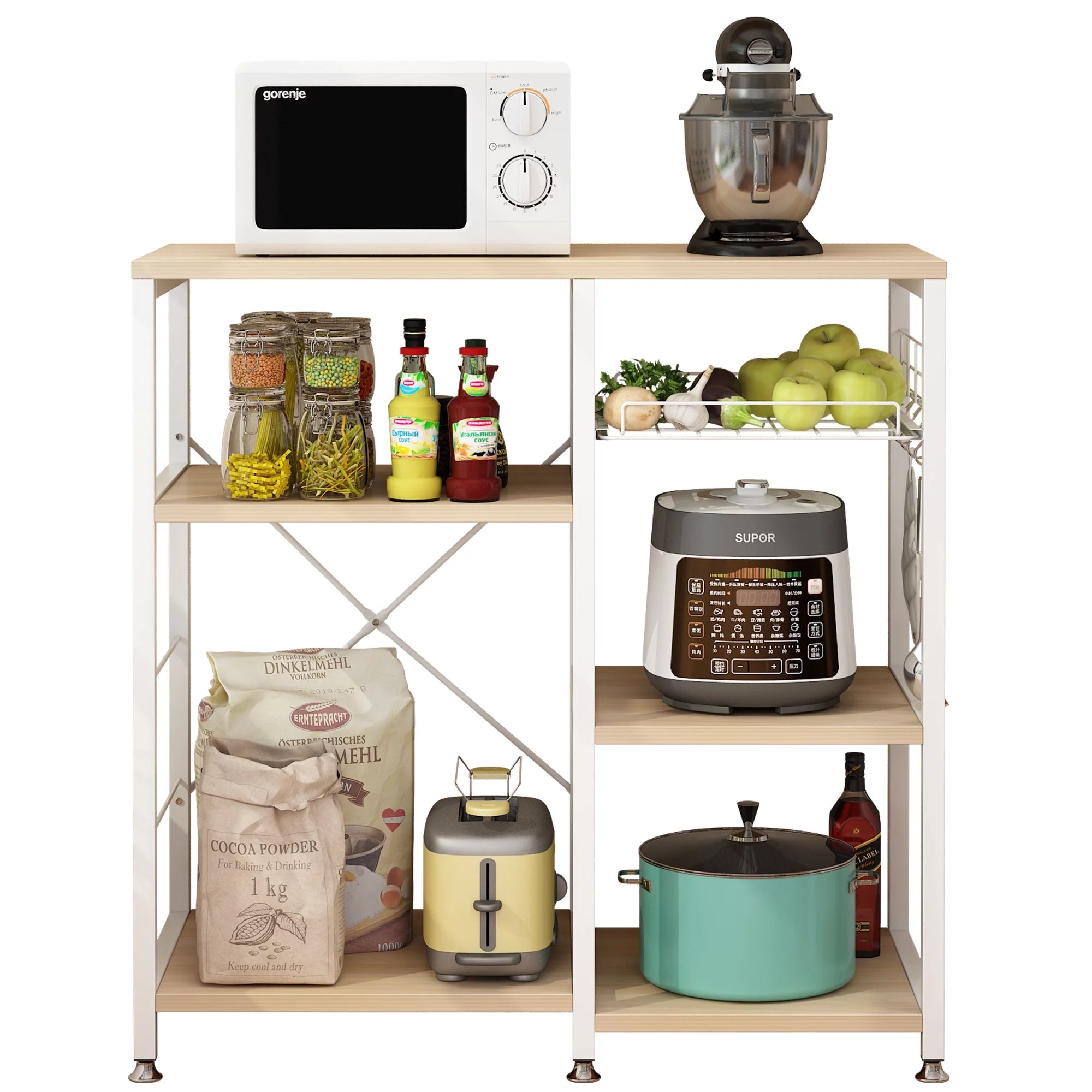 UBesGoo Bakers Rack with Basket, Wood Storage Shelf, White Oak Finish P842676