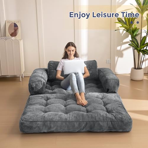 MAXYOYO Folding Sofa Bed L-Shaped Convertible Sleeper Couch with Pillow, Dark Grey X9070