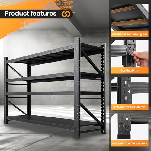 71" W Heavy Duty Steel Garage Shelving, 4-Tier Adjustable Storage Rack, Black C40455