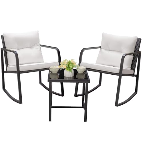 Greesum 3-Piece Rocking Wicker Bistro Set with Glass Coffee Table, Beige T6480