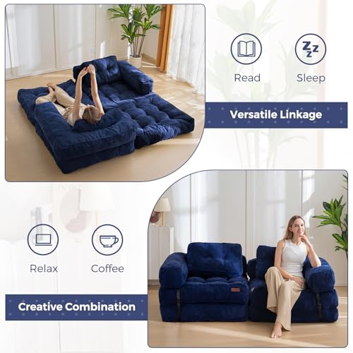 MAXYOYO Folding Sofa Bed L-Shaped Convertible Sleeper Couch with Pillow, Dark Grey X9070