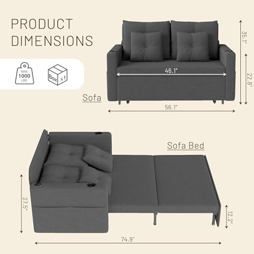 3 in 1 Pull Out Couch Convertible Sleeper Sofa Bed with Cup Holders, Grey U432