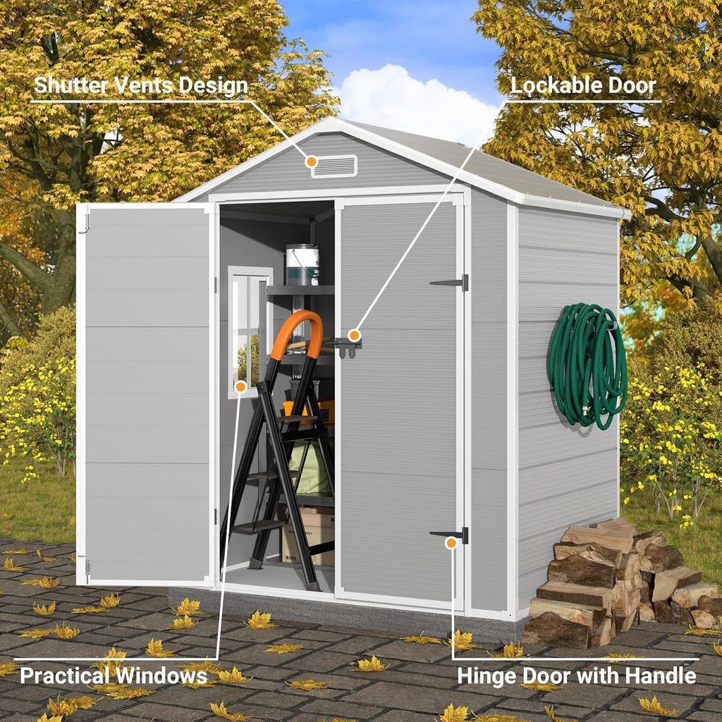 Outdoor Storage Shed 6x4.5 FT Resin with Lockable Door, Grey & White V210