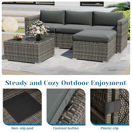 Outdoor Patio Furniture Set with Glass Tea Table, PE Rattan Wicker, Grey V687