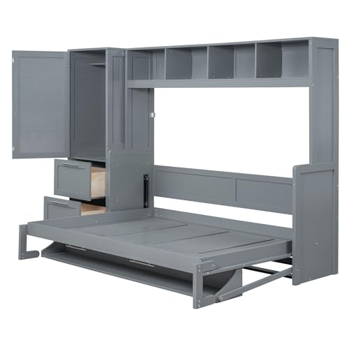 Queen Size Murphy Bed Wall Bed with Closet and Drawers, Gray P80410