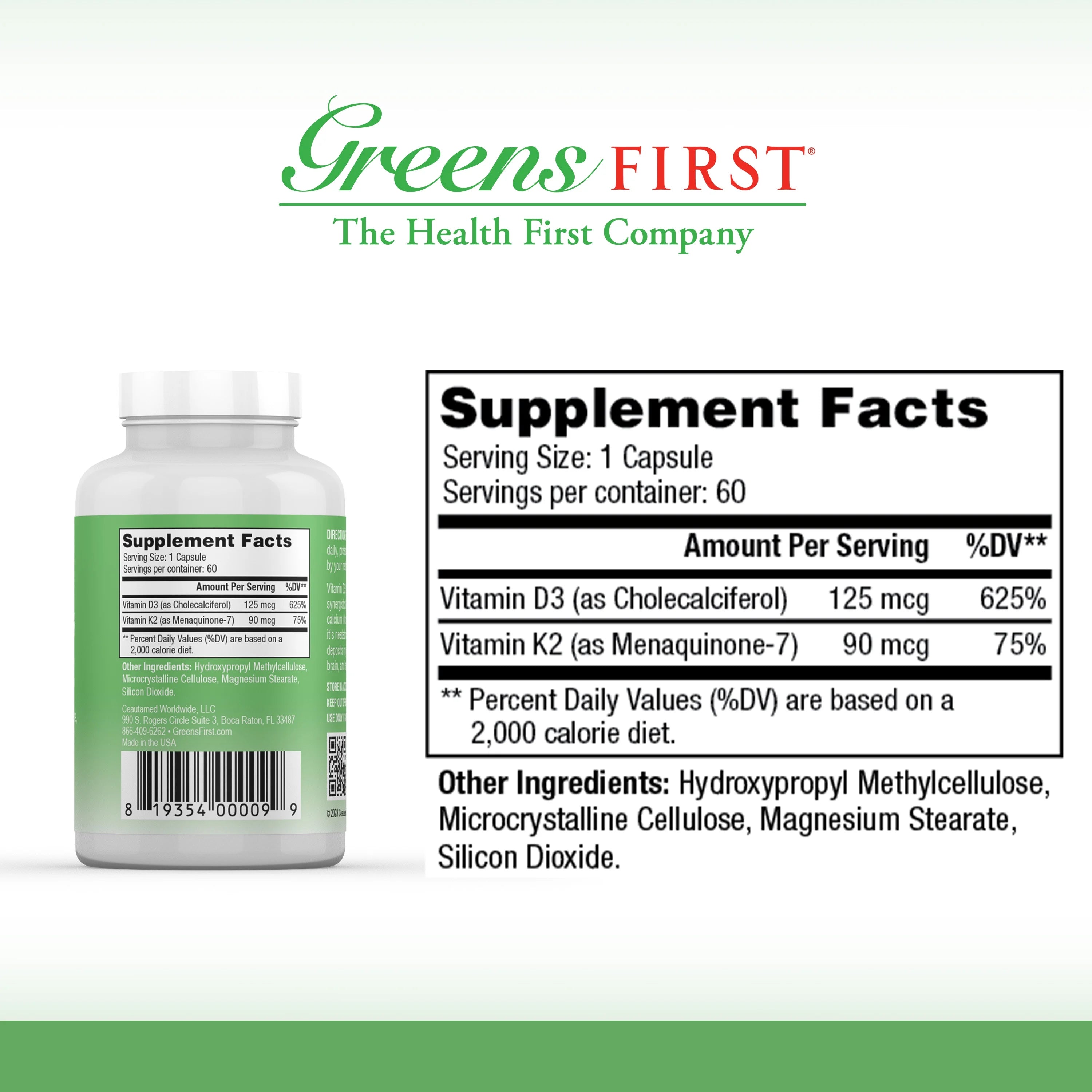 Greens First Vitamins D3+K2, 60 Vegetable Capsules T7752