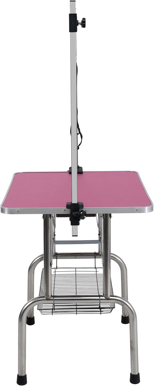 36" Folding Dog Grooming Table with Adjustable Arm, Stainless Steel Frame, Pink Z92852