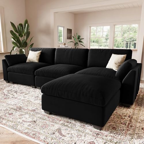 Belffin Extra Large Modular Sectional Sofa, 4-Seater L Shaped Velvet Couch, Black A1471