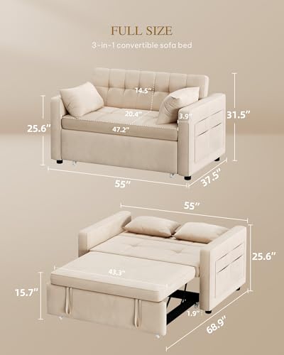 DWVO 55" Convertible Sofa Bed, 3-in-1 Sleeper Sofa with Pull-Out Bed, Linen Futon Couch W749781