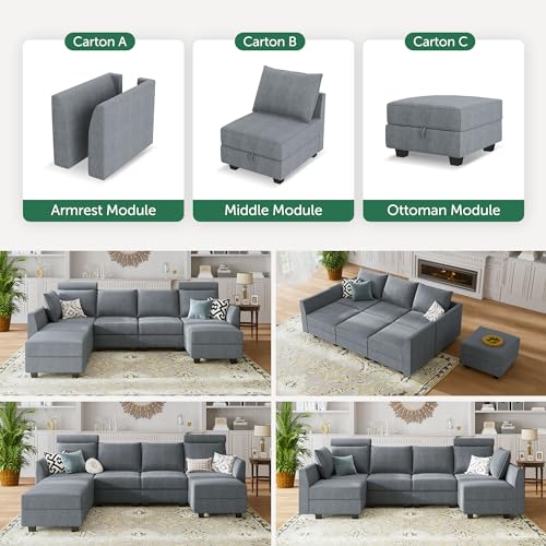 HONBAY Modular Sectional Sofa U Shaped Couch with Storage, Bluish Grey O55291